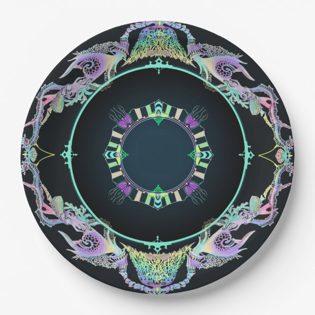 Prato De Papel Desenho do Oceano em Neon em preto (Frente)