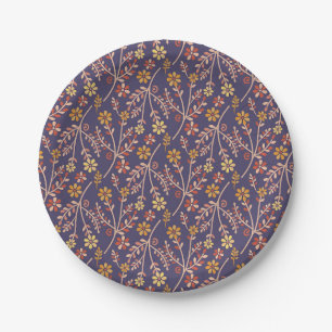 Prato De Papel Desenho Floral Caprichoso com Vinhas em Fundo Roxo