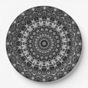 Prato De Papel Desenho Geométrico Mandala Preto e Branco