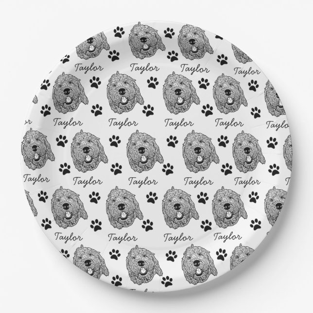 Prato De Papel Desenho Personalizado de Cachorro Goldendoodle Cus (Frente)