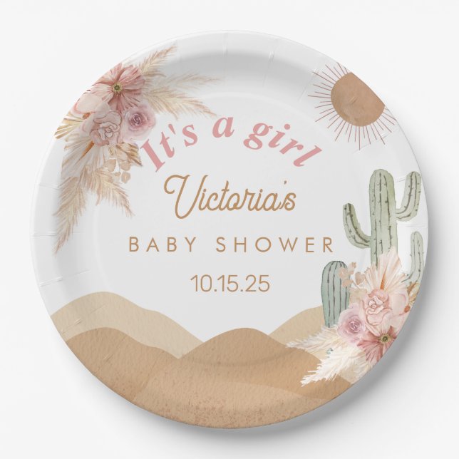 Prato De Papel Desert Boho Girl Baby Shower Southwestern Arizona (Frente)