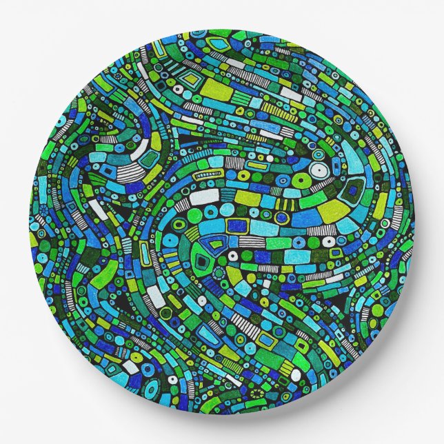 Prato De Papel Design Abstrato Ondas Formas Azul Verde (Frente)