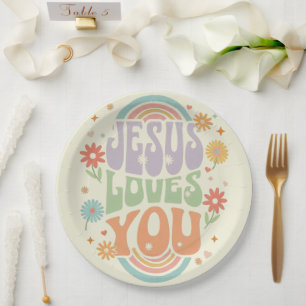 Prato De Papel Design Cristão “Jesus Te Ama” em Pastel Retro –