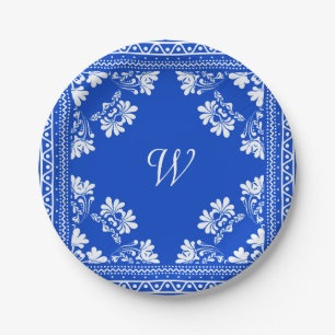 Prato De Papel design de banda azul e branca com monograma
