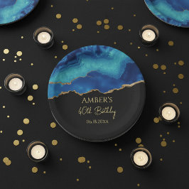 Prato De Papel Design de Mármore Abstrato Azul Dourado Elegante