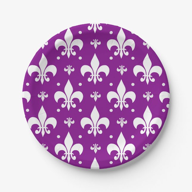 Prato De Papel Design de padrão da Fleur-de-lis de fundo roxo (Frente)