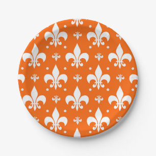 Prato De Papel Design de Padrão de Fleur-de-lis de Fundo Laranja