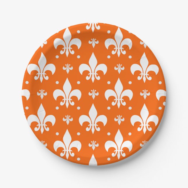 Prato De Papel Design de Padrão de Fleur-de-lis de Fundo Laranja (Frente)