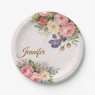 Prato De Papel Design de Rosa Floral Personalizada Rústica Vintag