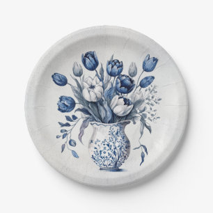 Prato De Papel Design de tulipa do estilo Delft azul e branco