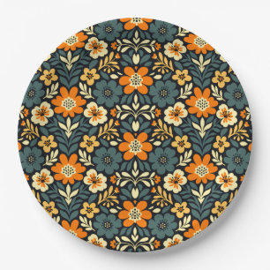 Prato De Papel Design Floral Moderno Laranja e Azul Turquesa