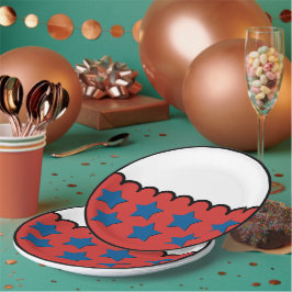 Prato De Papel Design vermelho e branco com estrelas azuis