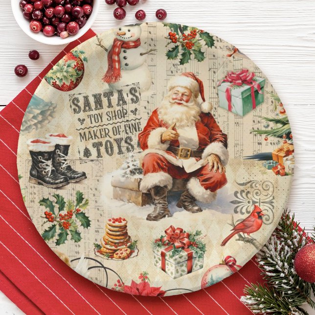 Prato De Papel Desligar natais vintages (A festive Christmas Santa Claus party plate.)