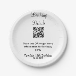 Prato De Papel Detalhes da festa de aniversário de verificação QR