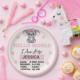 Prato De Papel Detalhes do Nascer do bebê rosa Koala