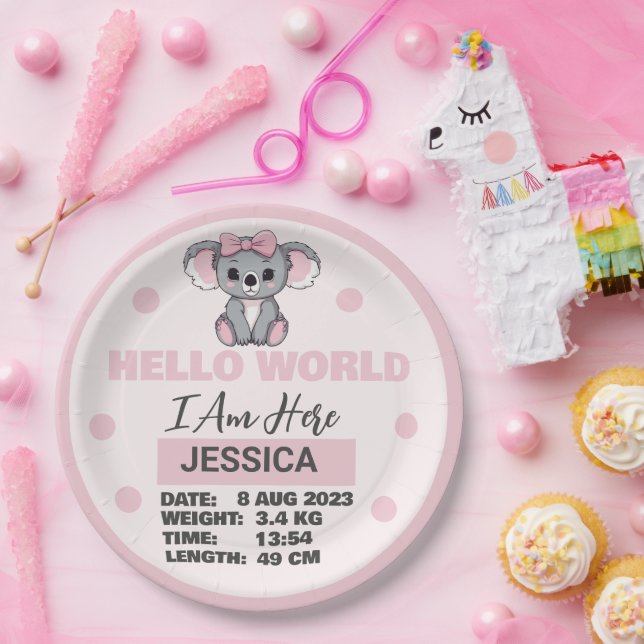 Prato De Papel Detalhes do Nascer do bebê rosa Koala (Festa)