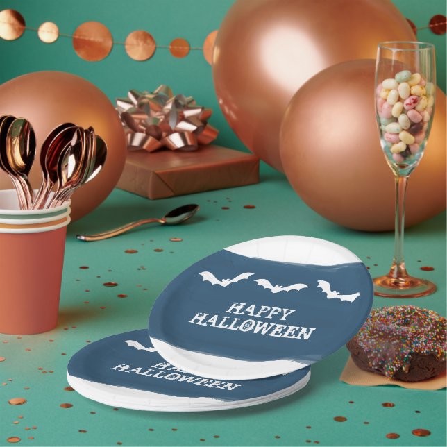 Prato De Papel Dia das Bruxas de Bats de Aquarela Branca Azul (Múltiplo)