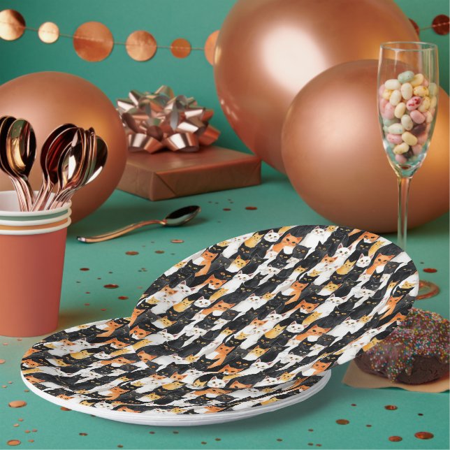 Prato De Papel Dia das Bruxas de Gatos Pretos Brancos Laranja (Múltiplo)