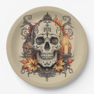 Prato De Papel Dia das Bruxas,Padrão de Caveira, Calavera à Luz d