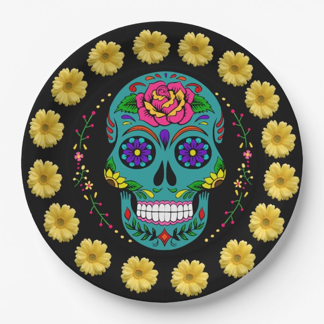 Prato De Papel Dia de los Muertos Teal Sugar Skull & Daisies 9" (Frente)