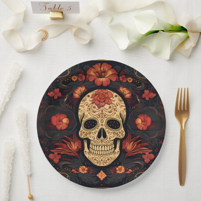 Prato De Papel Dia de Muertos ☠️ Crânio de Açúcar (Casamento)