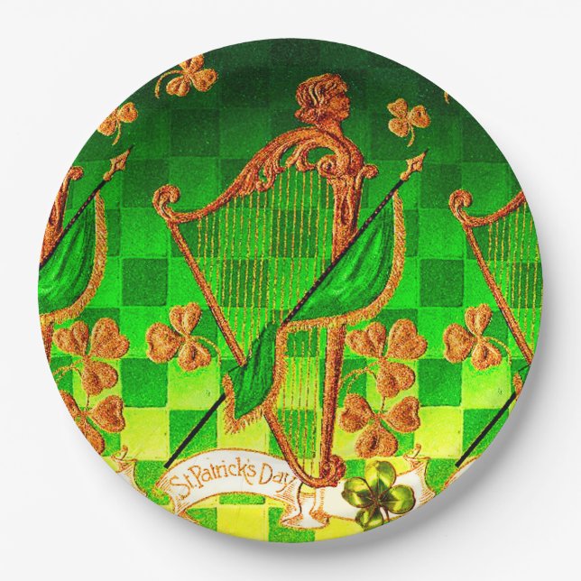 PRATO DE PAPEL DIA DE SÃO PATRÍCIO IRLANDÊS HARP, VERDE DOURADO S (Frente)