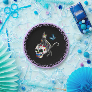 Prato De Papel Dia Do Crânio E Borboleta De Açúcar De Gato Morto