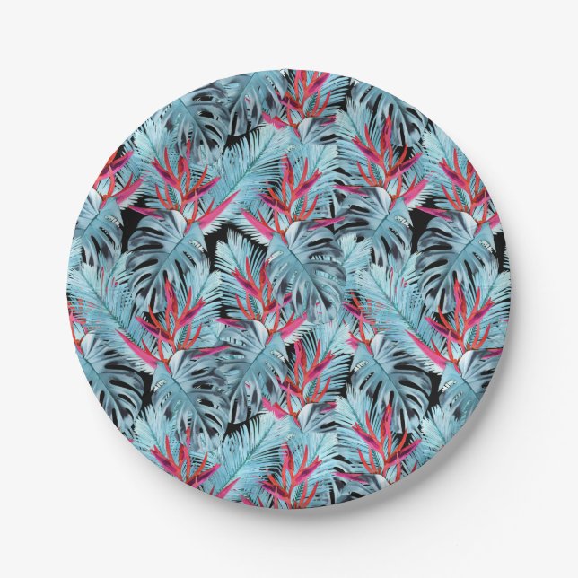Prato De Papel Diário das plantas tropicais, vermelho e azul (Frente)