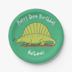 Prato De Papel Dimetrodon dinossauro verde feliz desenho animado