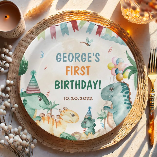 Prato De Papel Dino Party Cute Dinossauros Primeiro Aniversário (Criador carregado)