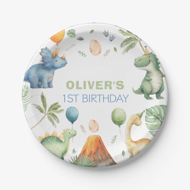 Prato De Papel Dinosaur Birthday Party Paper Plates (Frente)