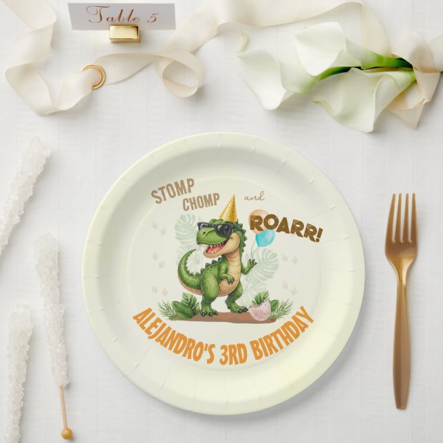 Prato De Papel Dinosaur Birthday - Stomp Chomp Roar T-Rex Birthda (Casamento)