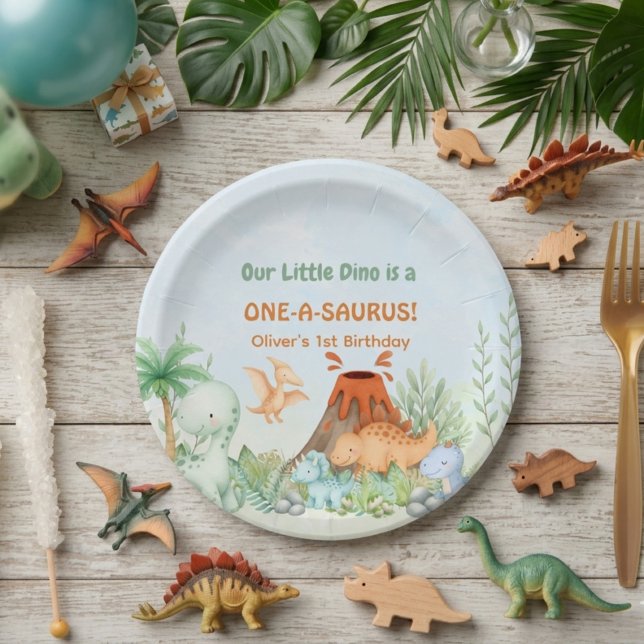 Prato De Papel Dinosaur One-A-Saurus 1st Birthday  (One-A-Saurus Dinosaur 1st Birthday  Paper Plate)