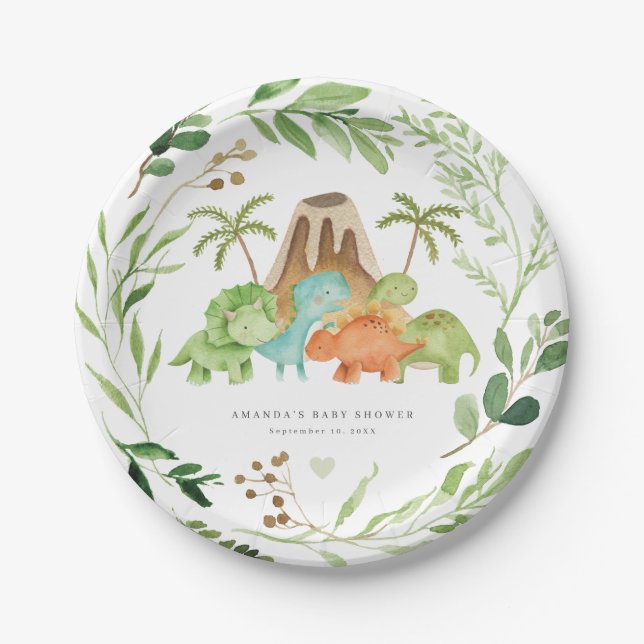 Prato De Papel Dinosaurs Baby Shower Paper Plates (Frente)