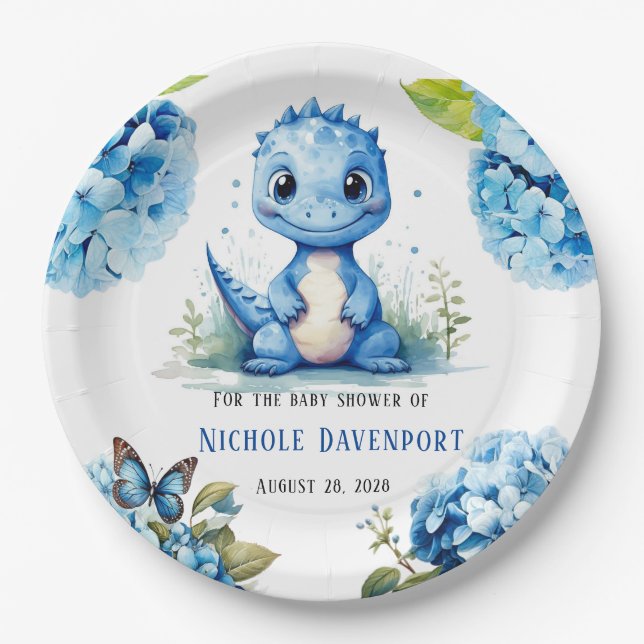 Prato De Papel Dinossauro Azul Bonito com Chá de fraldas Florals  (Frente)