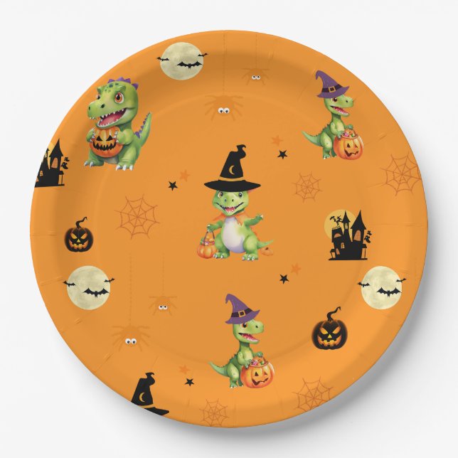 Prato De Papel Dinossauro bonito joga truque de abóbora para trat (Frente)