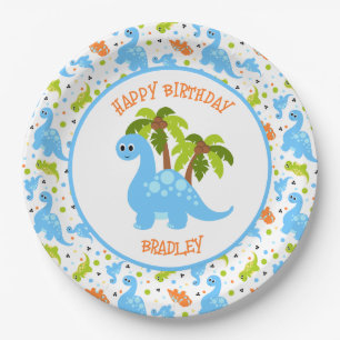 Prato De Papel Dinossauro Colorido Bonito e Árvore de Palma
