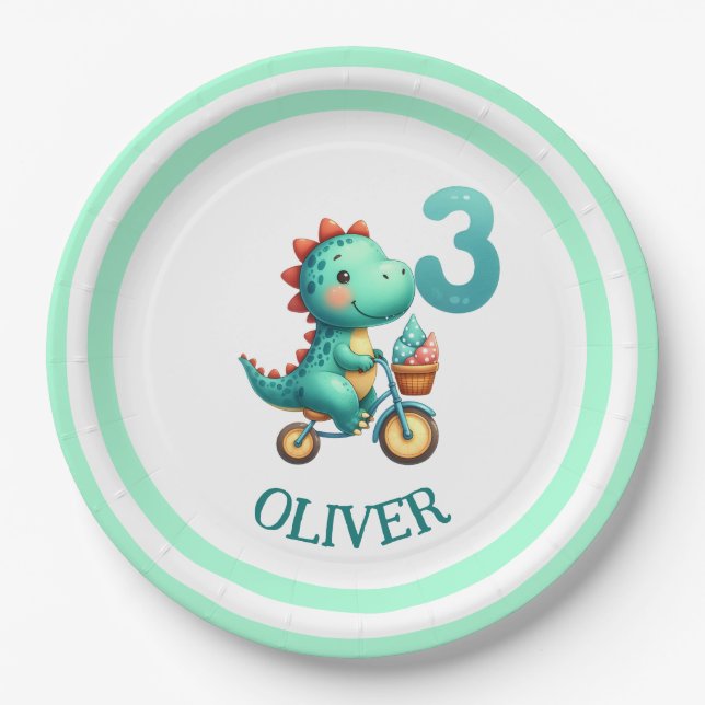 Prato De Papel Dinossauro Fofo com Bicicleta 3º Aniversário (Frente)