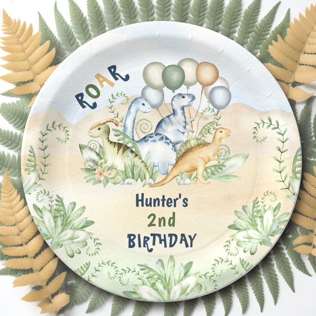 Prato De Papel Dinossauro Pastel segundo aniversário Verde Azul (Dinosaur Boy Pastel Cute Blue Green 2nd Birthday Paper Plates)