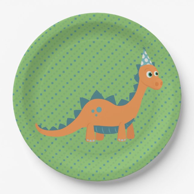 Prato De Papel Dinossauro verde e laranja (Frente)