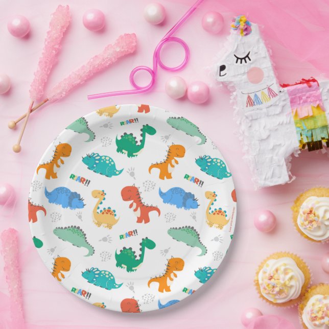 Prato De Papel Dinossauros Coloridos Bonitos Padrão Ilustrado (Festa)