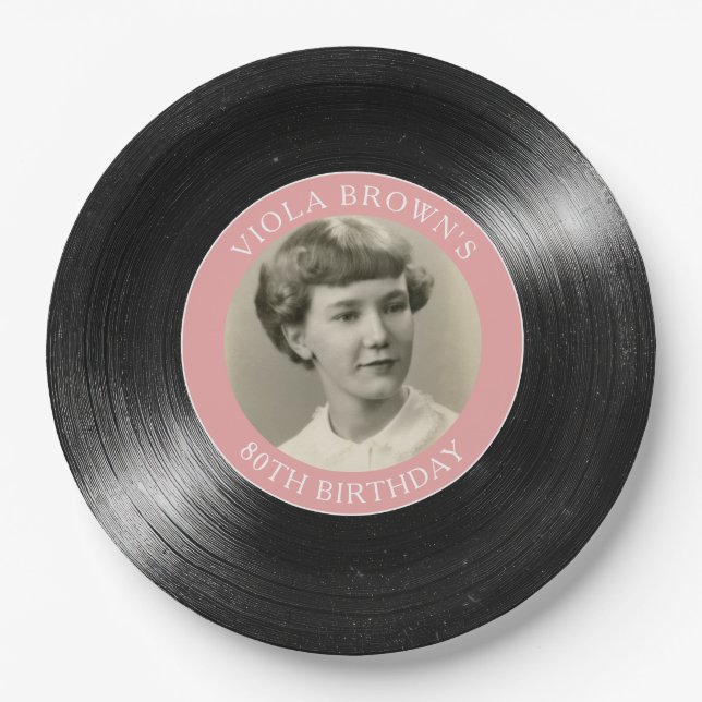 Prato De Papel Disco de Vinil para 80º Aniversário Rosa (Frente)