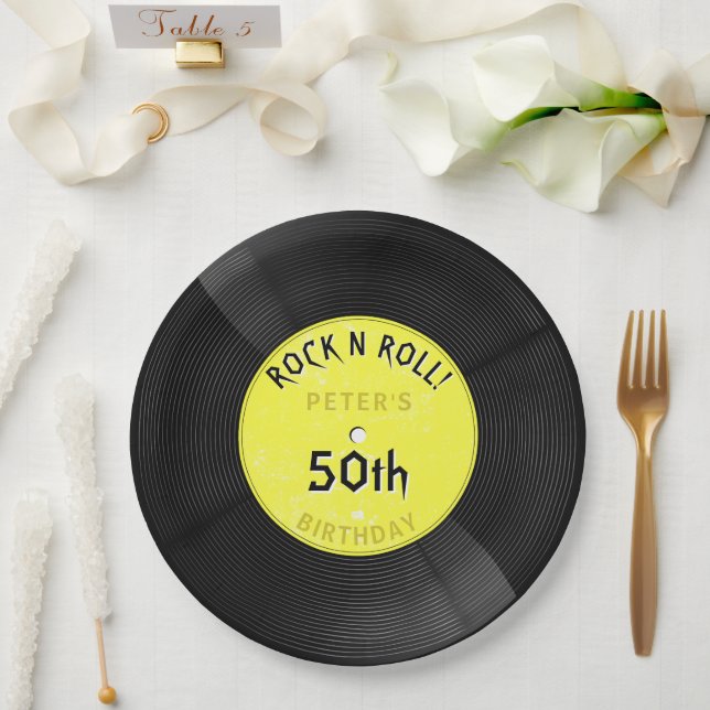 Prato De Papel Disco de Vinil Retro Rock N Roll Amarelo Aniversár (Casamento)