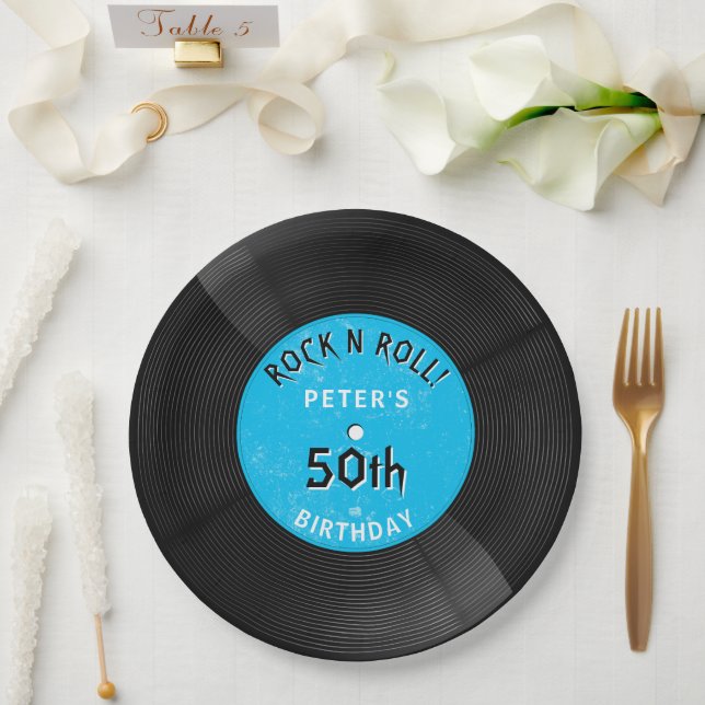 Prato De Papel Disco de Vinil Retro Rock N Roll Azul de Aniversár (Casamento)