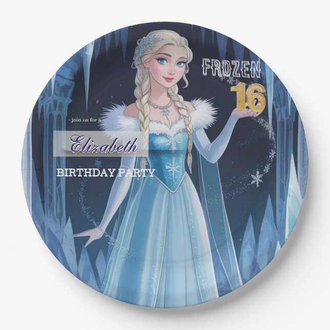 Prato De Papel Disney's Frozen Elsa Birthday personalize name (Frente)