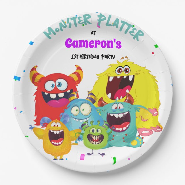 Prato De Papel Diversão Colorida do Monstro Kawaii (Frente)