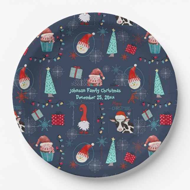Prato De Papel Diversão de Natal Nome Personalizado e Data (Frente)