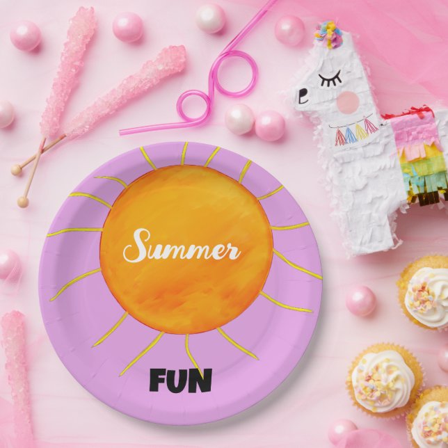 Prato De Papel Diversão de Verão Amarelo Laranja Roxo (Festa)