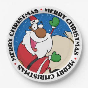 Prato De Papel Diversão Feriada Papai Noel Negra Andando De Lado