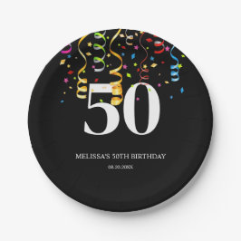Prato De Papel Divertido Confetti Friso Negro 50 Aniversário